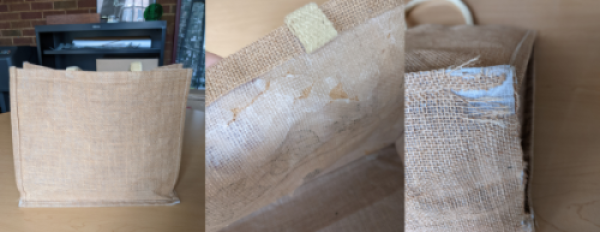 Three images from L-R - a rectangular jute bag, a close up of flaking liner, a close up of a frayed corner